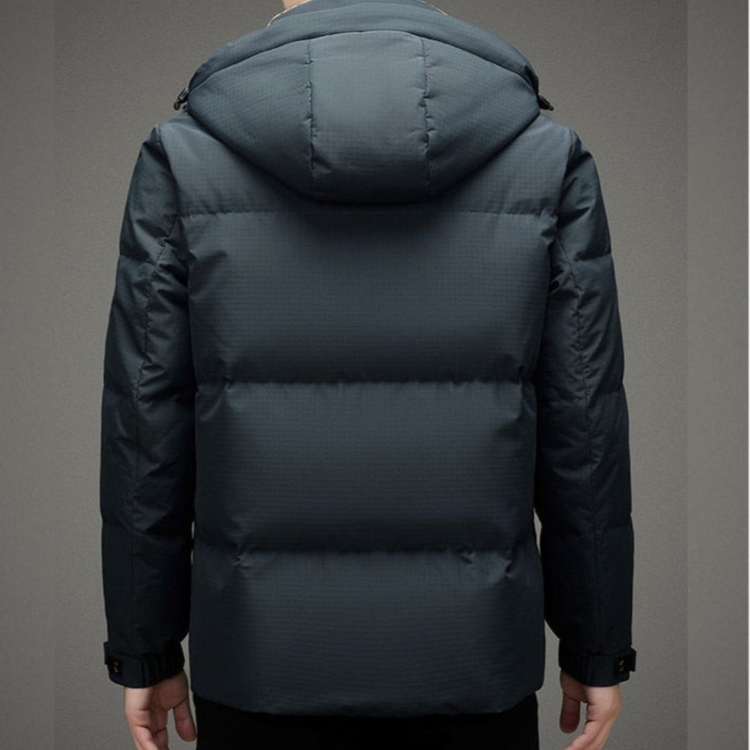 Insulated men's jacket with a hood.